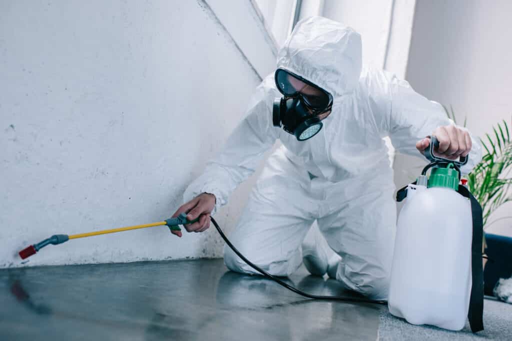 pest control worker spraying in rental property